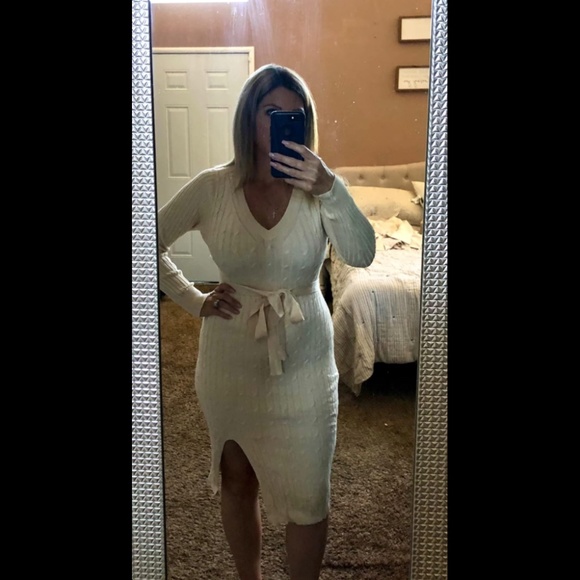 Merokeety Women's V-Neck Cable Knit Sweater Dress w Belt Apricot Stunning XL NWT - Picture 13 of 14